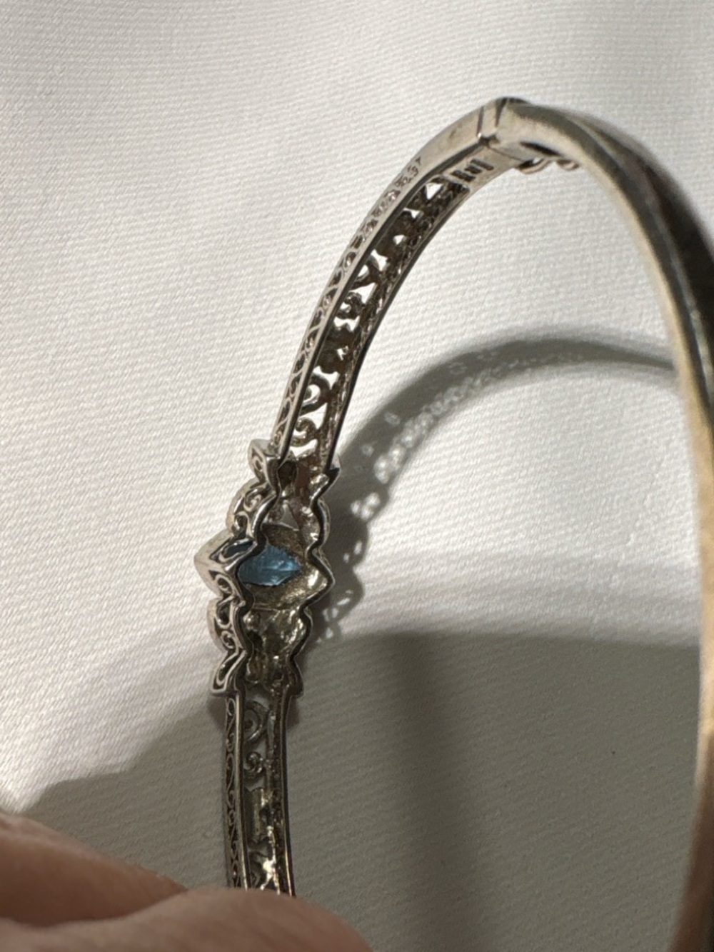 Sterling 925 Blue & White Topaz Butterfly Filigree Hinged Bangle Bracelet - Picture 5 of 7